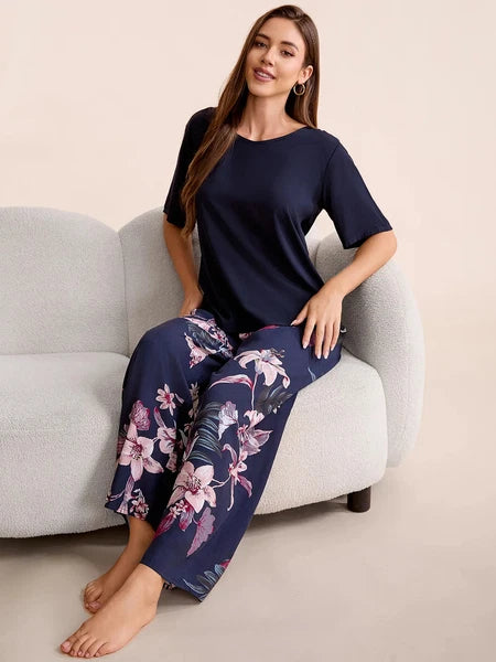Plus Size S-6XL Viscose Women Pajamas Set Pants Floral Print Casual Sleepwear