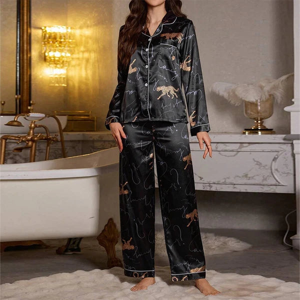 Womens Ladies Satin Nightwear Pyjamas 2Pcs Set Silk PJS Long Sleeve Sleepwear