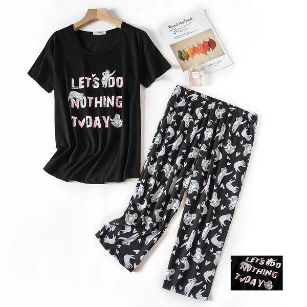 Womens Capri Set Sleepwear Soft Pajamas Sleep Nightshirts Print Comfy Pyjama Set