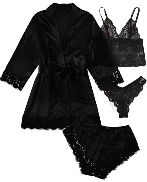 S-3XL Four-Piece Womens Ladies Pajamas Sexy Home Wear Set Lace Sling Underwear