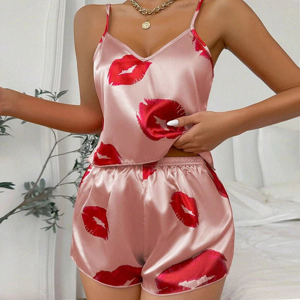 Ladies Women Satin Silk Pyjamas Set Lace Cami Vest Shorts Lingerie Sleepwear Pjs