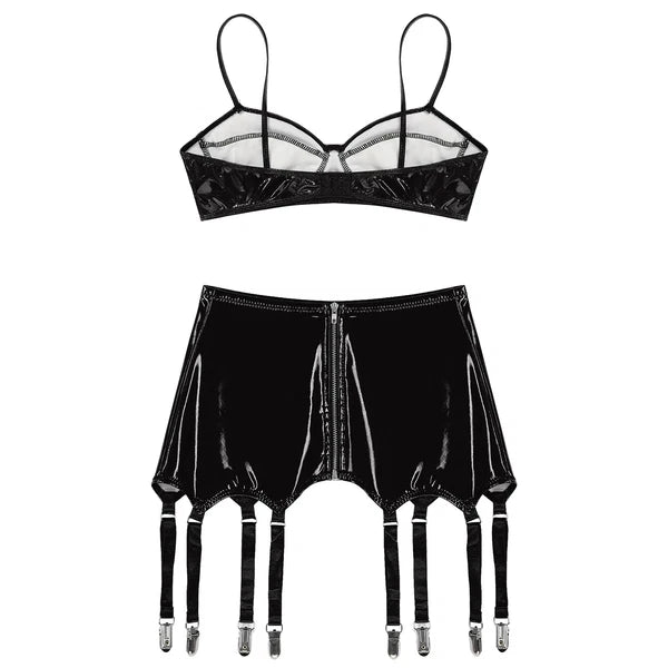 Womens Lingerie Set Metallic Crop Top Wirefree Miniskirt Unlined Nightwear Sexy