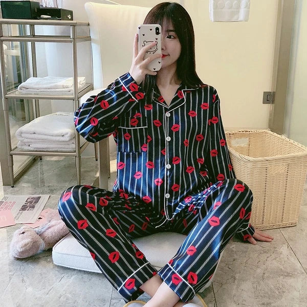 Womens Ladies Satin Nightwear Pyjamas 2Pcs Set Silk PJS Long Sleeve Sleepwear