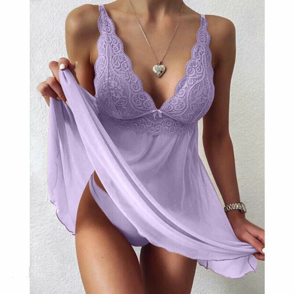 Women Lace Sleepwear Strap Floral Panties Lingerie Pajamas V Neck Babydoll Dress