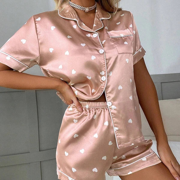 Womens Printed SATIN Short Sleeve Top Pyjamas Set Button Up Ladies Shorts PJ Set