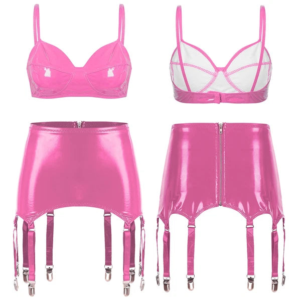 Womens Lingerie Set Metallic Crop Top Wirefree Miniskirt Unlined Nightwear Sexy