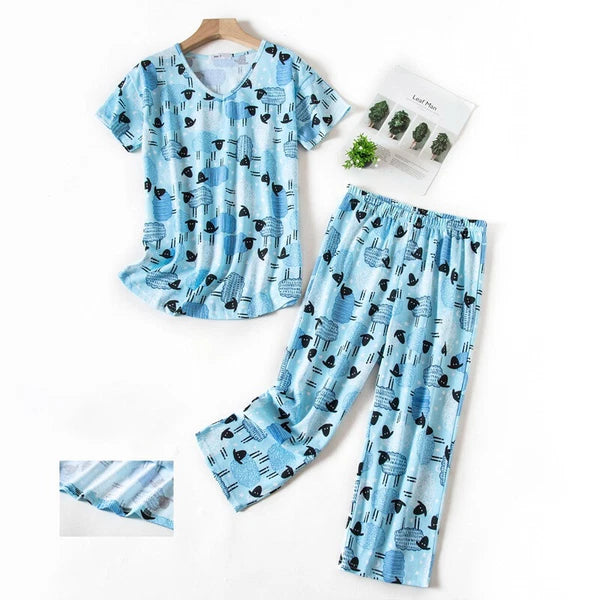 Womens Capri Set Sleepwear Soft Pajamas Sleep Nightshirts Print Comfy Pyjama Set
