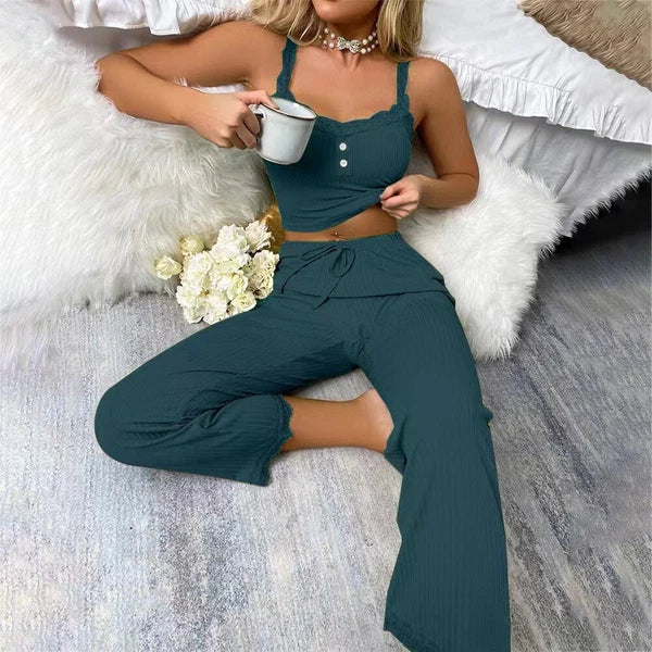 Women Sleepwear Pajamas Camisole Nightwear Leisure Vest Crop Tops Long Pants Set