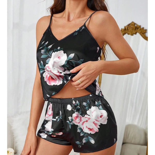 Ladies Women Satin Silk Pyjamas Set Lace Cami Vest Shorts Lingerie Sleepwear Pjs