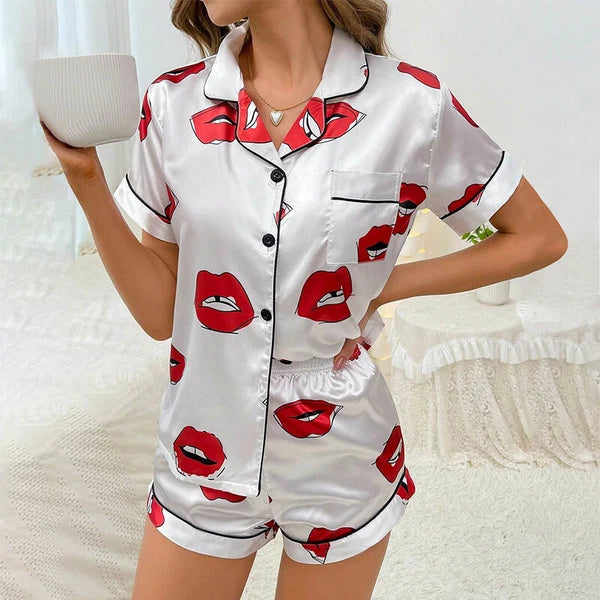 Womens Printed SATIN Short Sleeve Top Pyjamas Set Button Up Ladies Shorts PJ Set