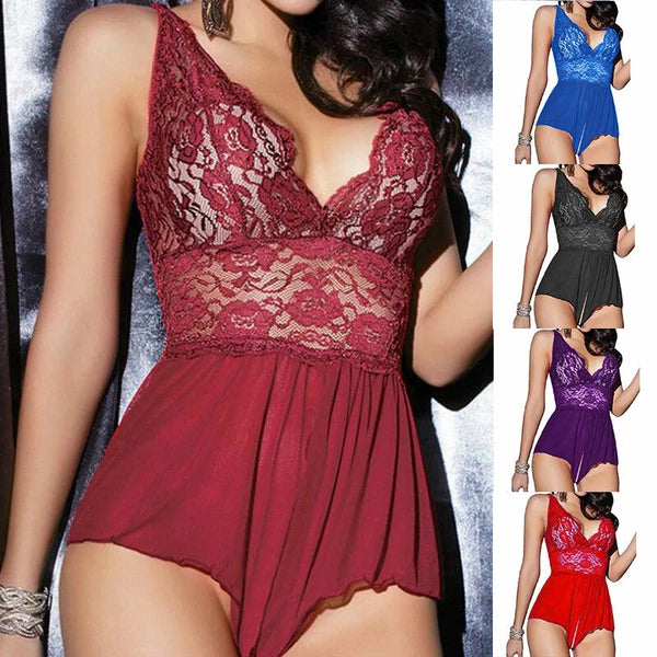Women Lace Babydoll Cross Straps V Neck Crotchless Lingerie Bodysuit Sleepwear