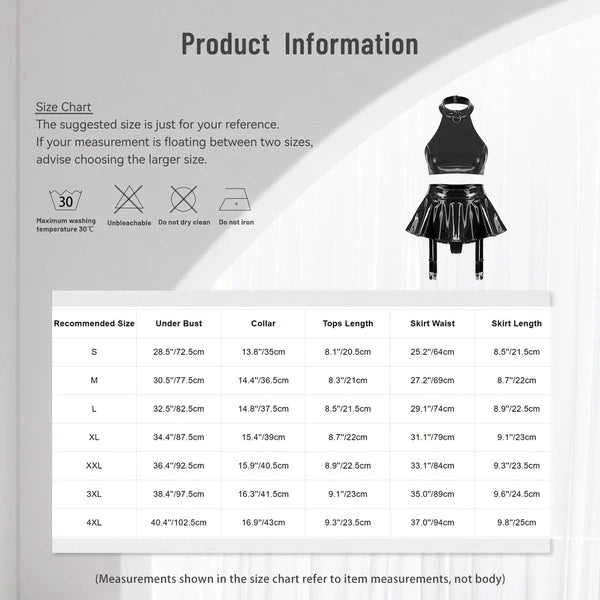 Womens Lingerie Set Patent Leather Crop Top Two-Piece Miniskirt Tank Outfits