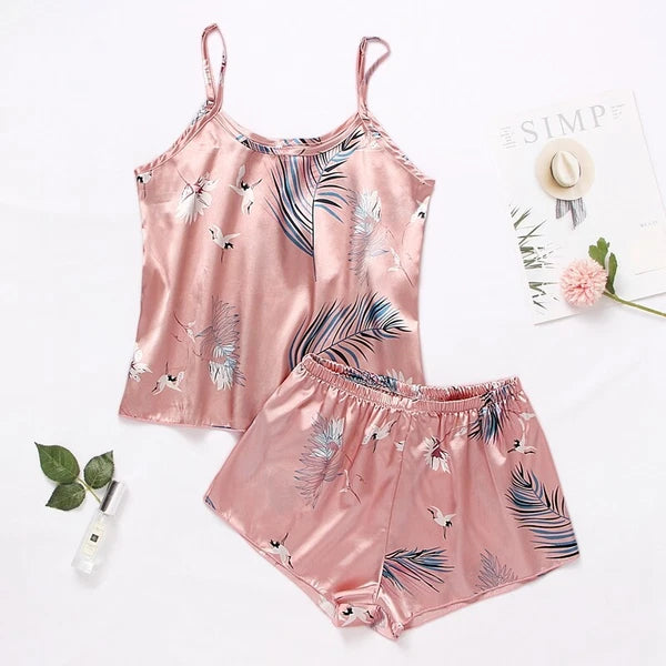 Ladies Women Satin Silk Pyjamas Set Lace Cami Vest Shorts Lingerie Sleepwear Pjs