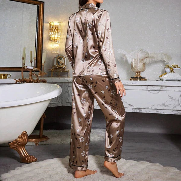 Womens Ladies Satin Nightwear Pyjamas 2Pcs Set Silk PJS Long Sleeve Sleepwear