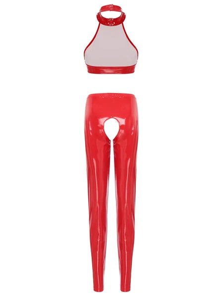 Womens Lingerie Set Crotchless Clubwear Patent Leather Catsuit Wirefree Costume