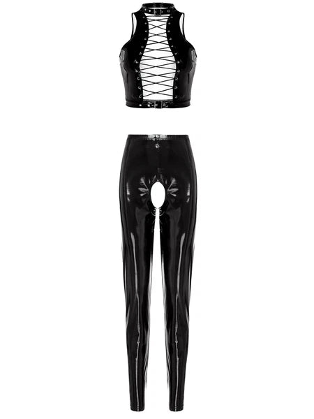 Womens Lingerie Set Crotchless Clubwear Patent Leather Catsuit Wirefree Costume