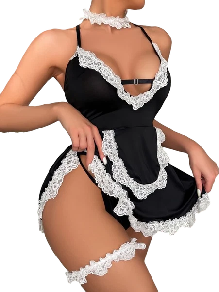 Sexy Women Lingerie French Maid Cosplay Mini Dress Set with Chocker Costume US