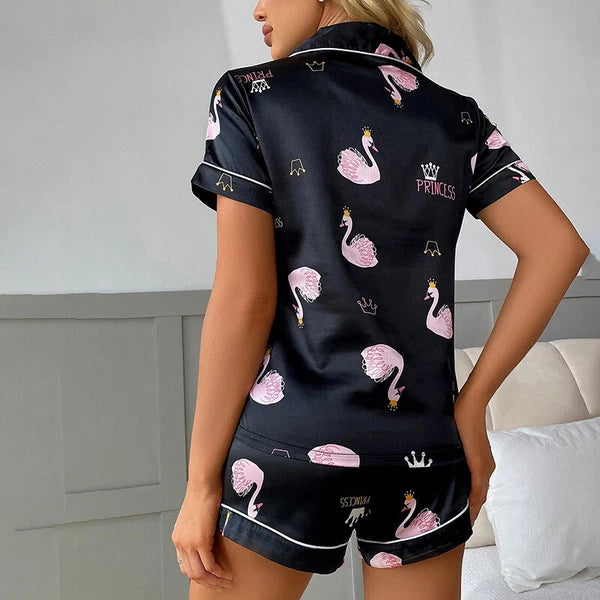 Womens Printed SATIN Short Sleeve Top Pyjamas Set Button Up Ladies Shorts PJ Set