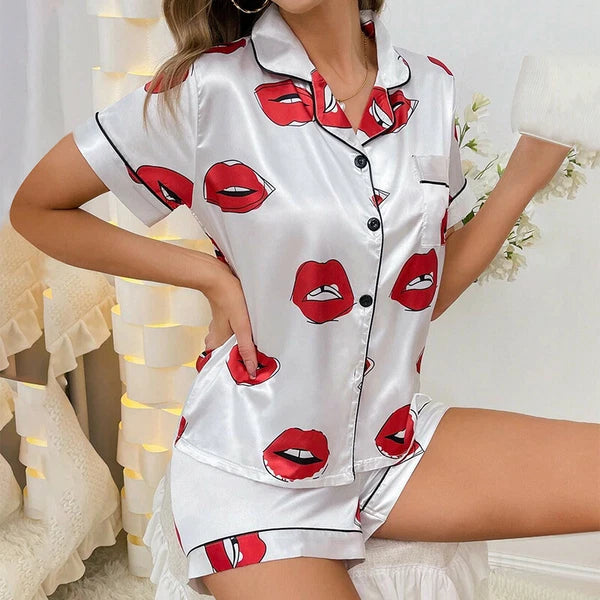 Womens Printed SATIN Short Sleeve Top Pyjamas Set Button Up Ladies Shorts PJ Set