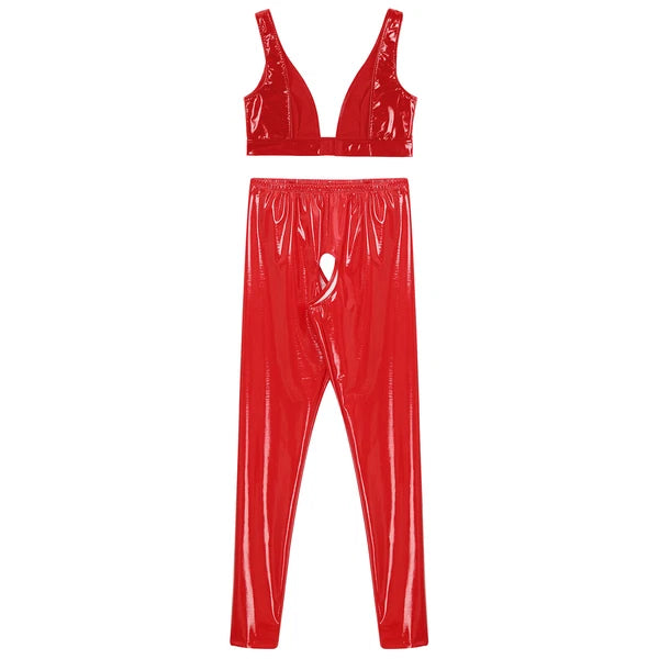 Womens Lingerie Set Crotchless Clubwear Patent Leather Catsuit Wirefree Costume