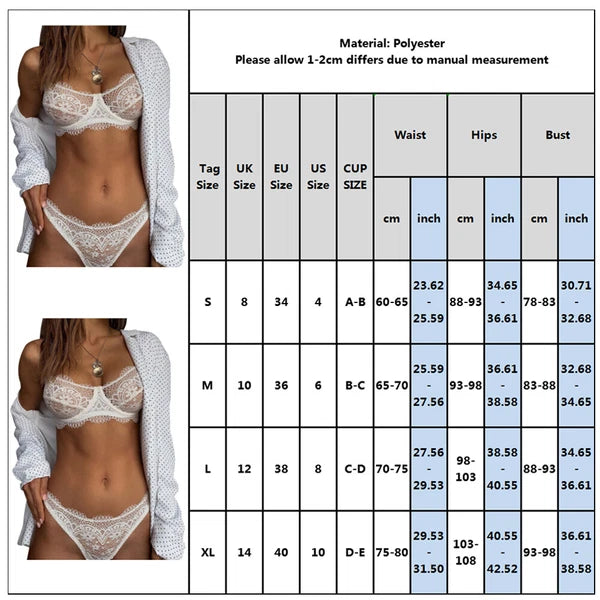 2PCS Women Lace Lingerie Bra Thong Underwear Set Babydoll Nightwear Sleepwear US