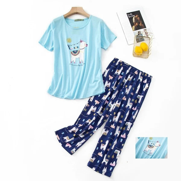 Womens Capri Set Sleepwear Soft Pajamas Sleep Nightshirts Print Comfy Pyjama Set