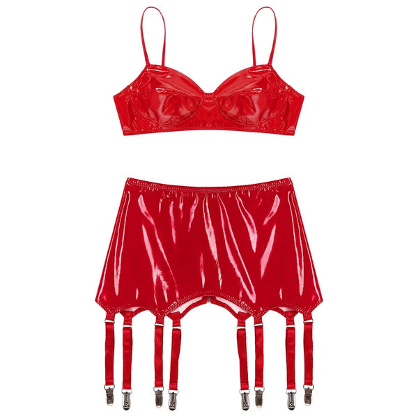 Womens Miniskirt Sexy Lingerie Set No Pad Crop Top Faux Leather Nightwear Vest