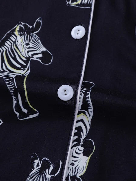 Stylish Zebra Print Womens Pajama Set - Short Sleeve Button Up Top with Lapel