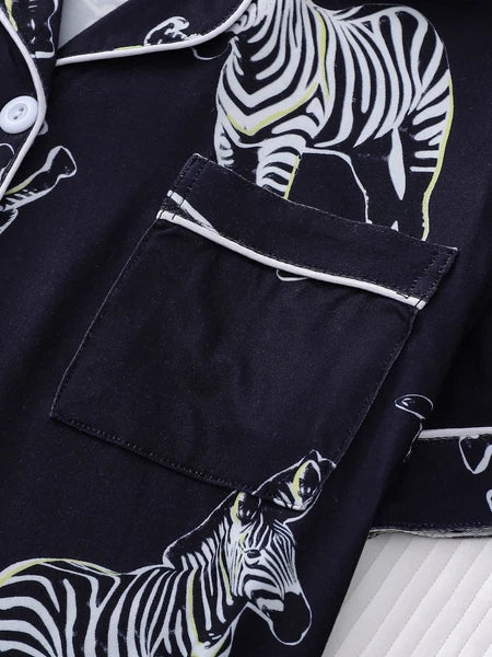 Stylish Zebra Print Womens Pajama Set - Short Sleeve Button Up Top with Lapel