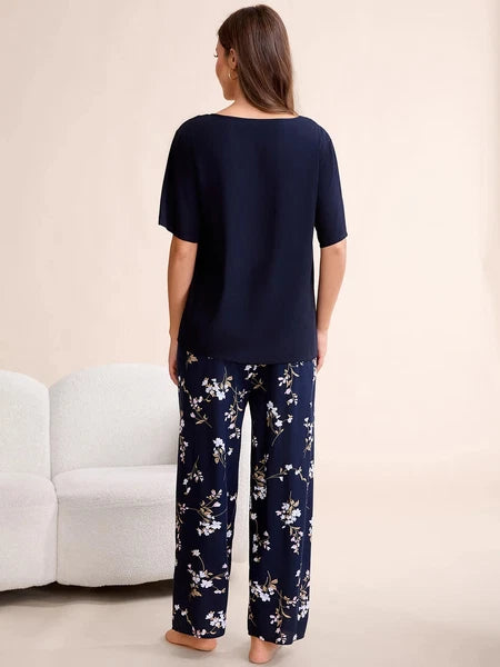 Plus Size S-6XL Viscose Women Pajamas Set Pants Floral Print Casual Sleepwear