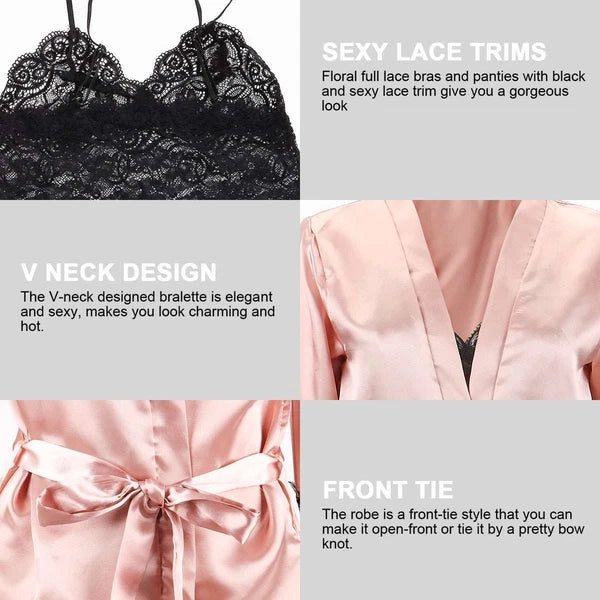 4pcs/set Sexy Women Lingerie Silk Lace Underwear Sleepwear Night Topcoat Pajamas