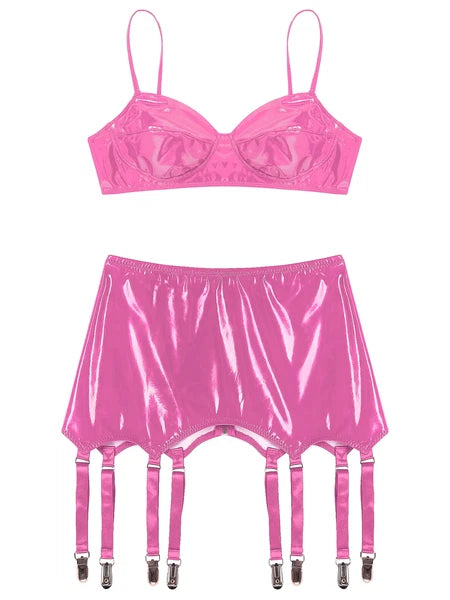 Womens Lingerie Set Metallic Crop Top Wirefree Miniskirt Unlined Nightwear Sexy