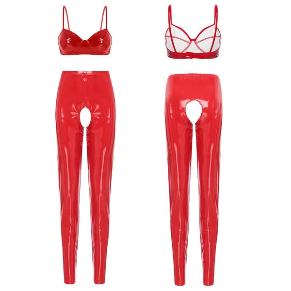 Womens Lingerie Set Crotchless Clubwear Patent Leather Catsuit Wirefree Costume