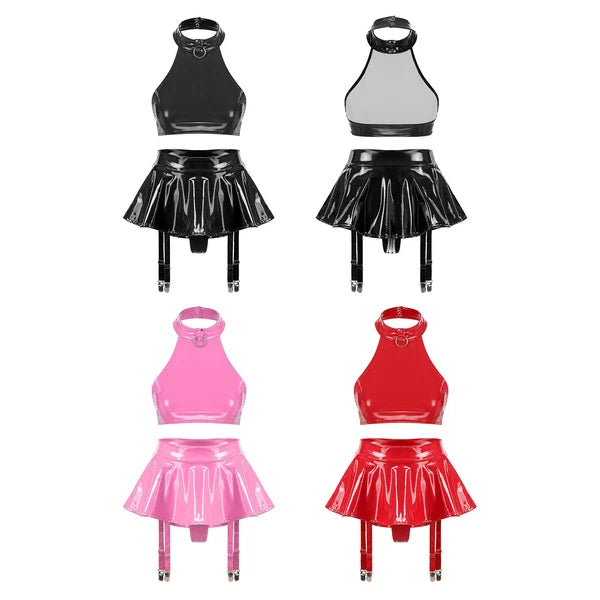 Womens Crop Top Ruffle Lingerie Set Festival Miniskirt Rave Clubwear Sexy Vest