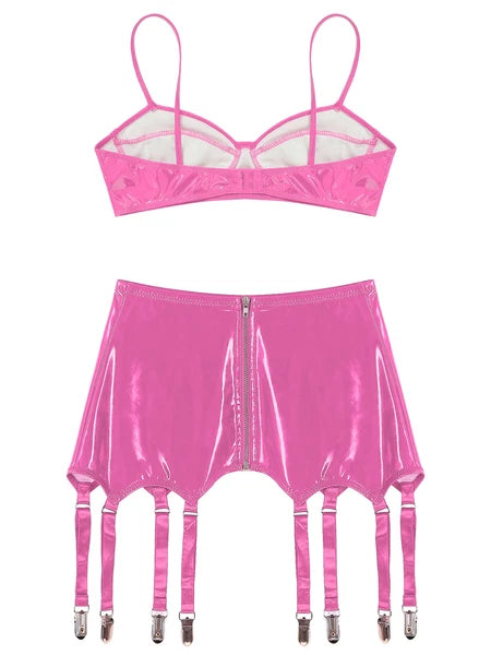 Womens Miniskirt Sexy Lingerie Set No Pad Crop Top Faux Leather Nightwear Vest