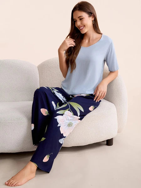 Plus Size S-6XL Viscose Women Pajamas Set Pants Floral Print Casual Sleepwear
