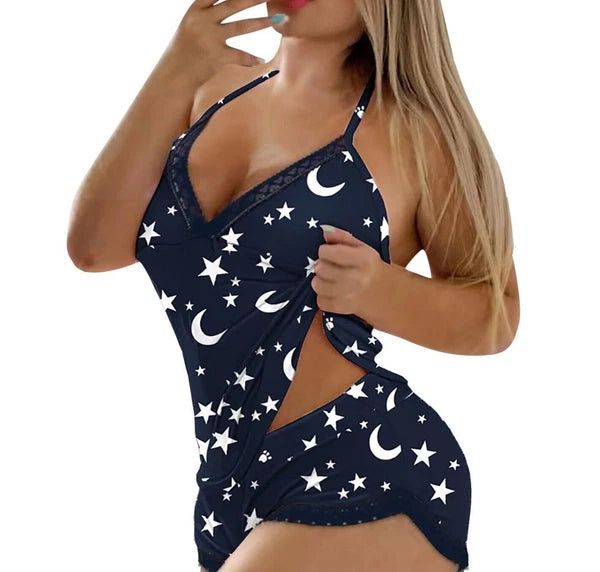 Women Sexy-Lingerie Sleepwear Satin Silk Babydoll Lace Nightwear Pajamas Set