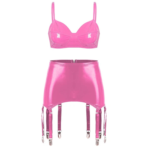 Womens Lingerie Set Metallic Crop Top Wirefree Miniskirt Unlined Nightwear Sexy