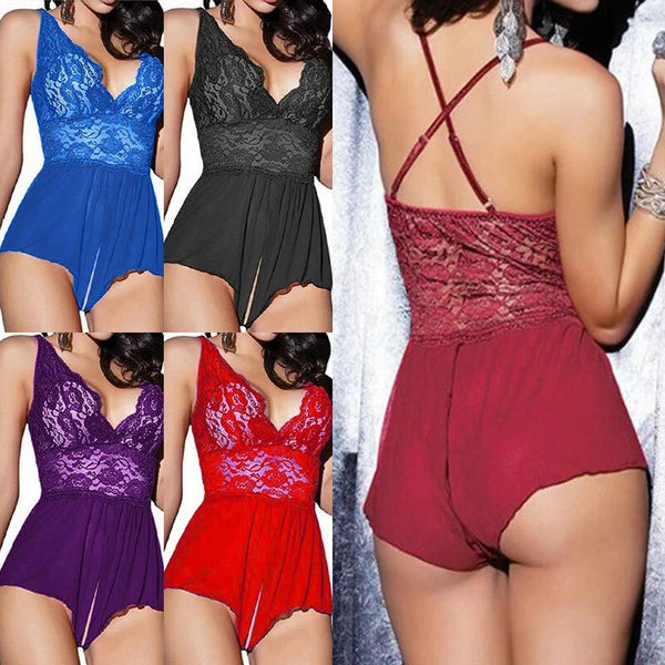 Women Lace Babydoll Cross Straps V Neck Crotchless Lingerie Bodysuit Sleepwear