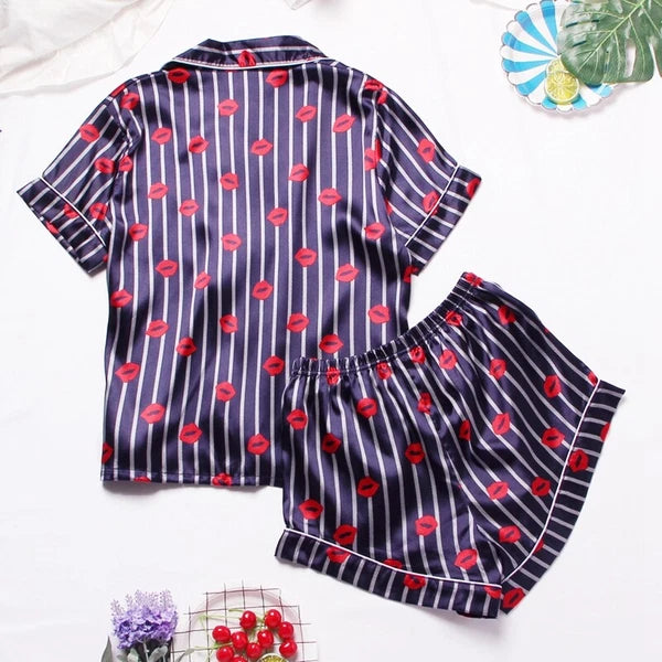 Womens Printed SATIN Short Sleeve Top Pyjamas Set Button Up Ladies Shorts PJ Set