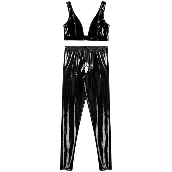 Womens Lingerie Set Crotchless Clubwear Patent Leather Catsuit Wirefree Costume