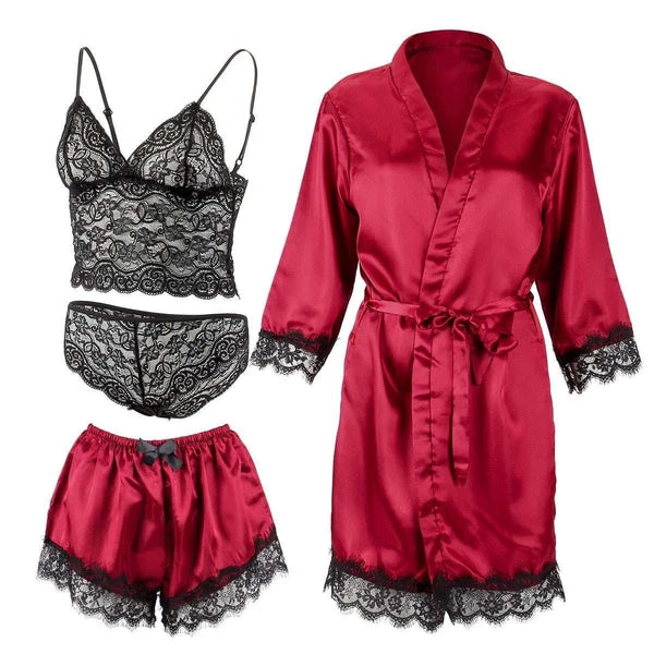 4pcs/set Sexy Women Lingerie Silk Lace Underwear Sleepwear Night Topcoat Pajamas