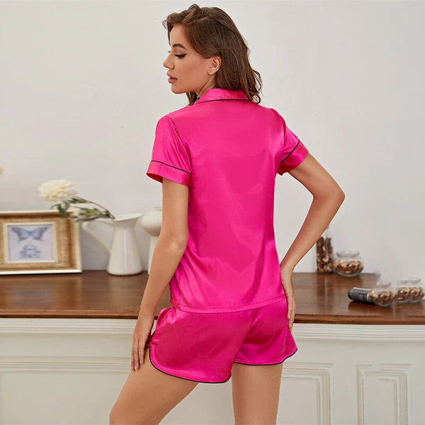 Womens Printed SATIN Short Sleeve Top Pyjamas Set Button Up Ladies Shorts PJ Set