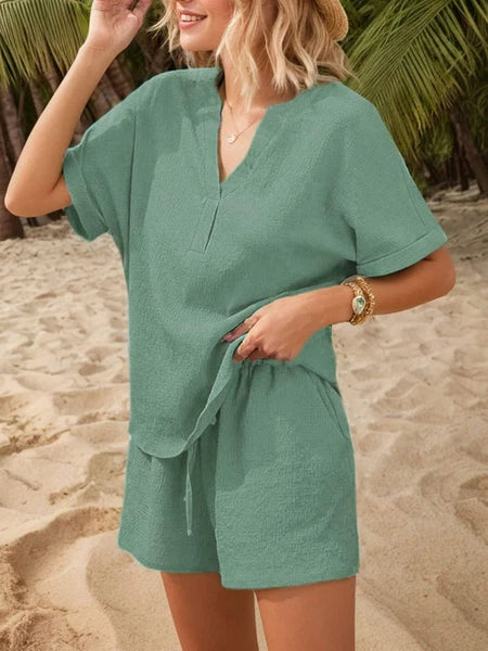 Women's V-Neck Short Sleeve Top and Drawstring Shorts Set NEW