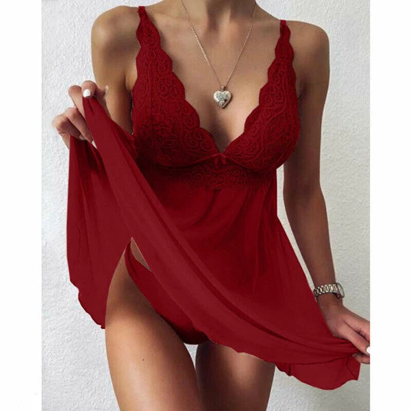Women Lace Sleepwear Strap Floral Panties Lingerie Pajamas V Neck Babydoll Dress