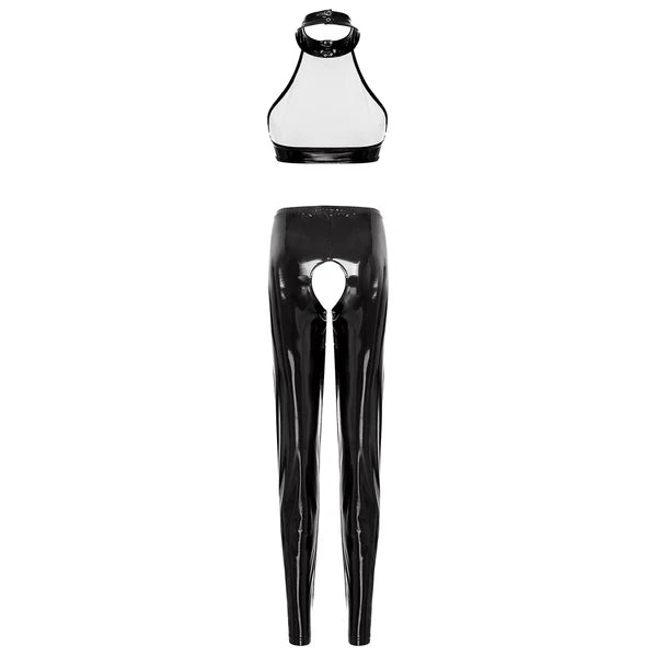 Womens Lingerie Set Crotchless Clubwear Patent Leather Catsuit Wirefree Costume