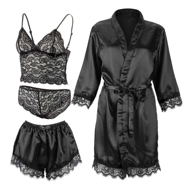 4pcs/set Sexy Women Lingerie Silk Lace Underwear Sleepwear Night Topcoat Pajamas