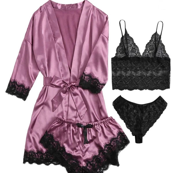 S-3XL Four-Piece Womens Ladies Pajamas Sexy Home Wear Set Lace Sling Underwear