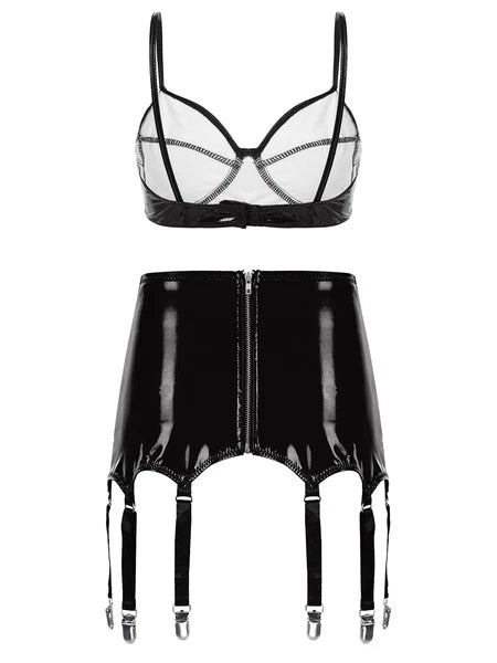 Womens Lingerie Set Metallic Crop Top Wirefree Miniskirt Unlined Nightwear Sexy