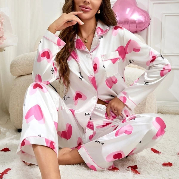Womens Ladies Satin Nightwear Pyjamas 2Pcs Set Silk PJS Long Sleeve Sleepwear